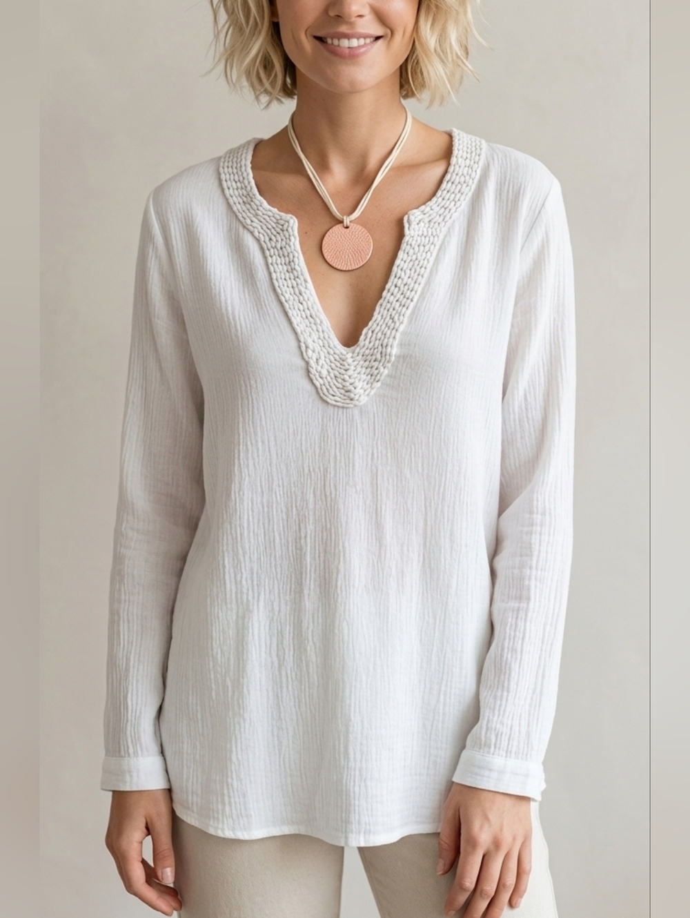 White Crinkle Gauze Split V-Neck Tunic Crochet Trim Long Sleeve Boho Top S/M